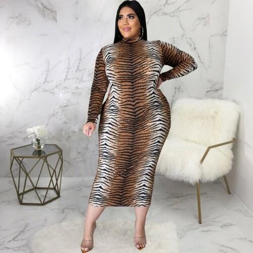 XL-5XL Leopard Snake Striped Print Oversize Dress Women Mock Neck Long Sleeve Plus Size Dress Autumn Female Bandage Club Dress