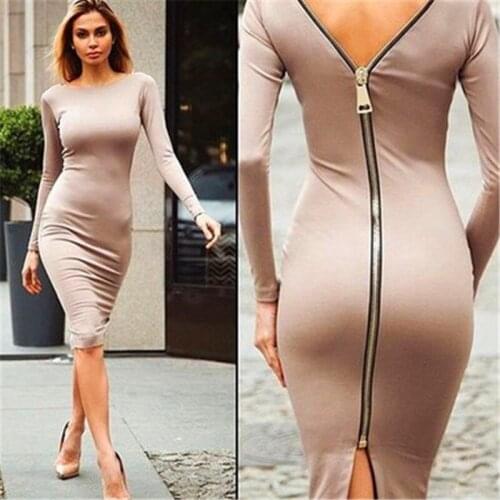 Winter Dress Women Party Club Sexy Harajuku Clothes Bodycon Back with Zipper Knitted Long Sleeve Knee Pencil Cotton O-Neck Robe