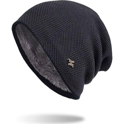 Winter Man Knitted Beanie Hat Casual Plush Warm Hedging Cap Fashion Windproof H Sign Solid Color Male Wool Cap