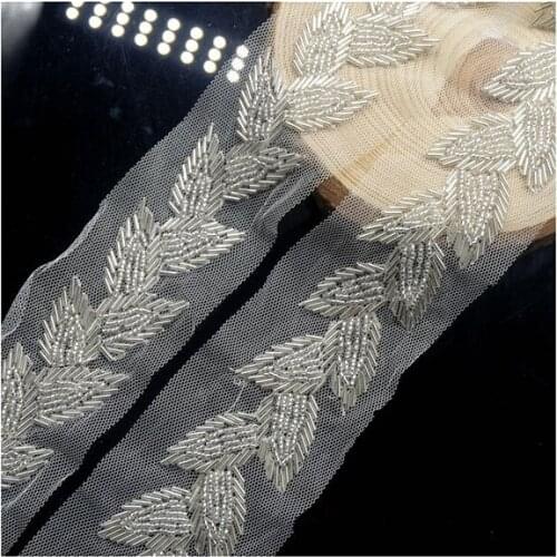 Heavy work beaded wedding dress accessories mesh hand-sewn tube beads leaf gun color lace DIY neckline material