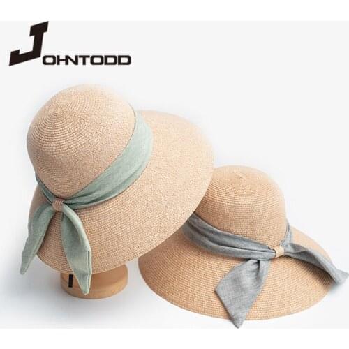2021 Fashion Summer Woman Sun Hat Big Bow Hats Ladies Foldable Straw Beach Panama Hat Visor Wide Brim Femme Female Shade Hat