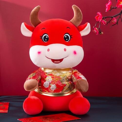 2021 New Year Chinese Red Tang Suit Zodiac Ox Cattle Plush Soft Stuffed Animals Toys Doll Birthday Gift for Children Kids