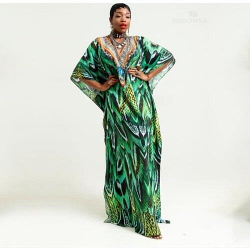 2021 Long Green Kaftan Bohemian Printed V-neck Batwing Sleeve Street Wear Maxi Dress Women Beach Wear Swim Suit Cover Up Q1336