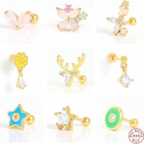 Aide 925 Sterling Silver Pink Crystal Enamel Star Stud Earrings For Women Waterdrop Zircon Charm Mini Elk Deer Ear Studs Jewelry