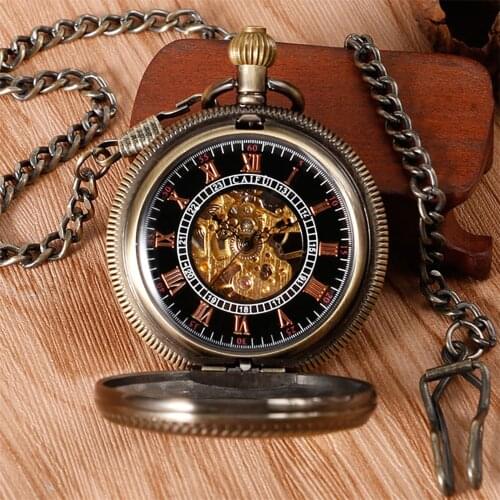 Roman Numeral Display Mechanical Hand Winding Pocket Watch Transparent Glass Black/White Dial Retro Luxury Pendant Pocket Clock