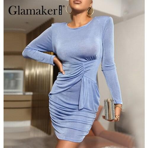 Glamaker Sexy blue backless bodycon long sleeve mini dress Bodycon slim fold party club dresses O neck long sleeve dress