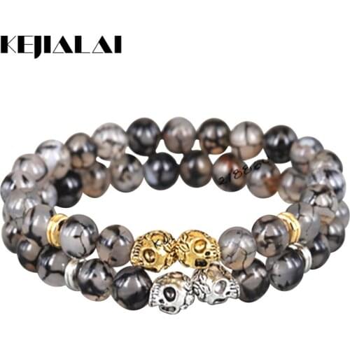 KEJIALAI 1pcs 2018 New Fashion 8mm Beads Bracelet Gold/Silver Color Skull Head Natural Grey Dragon Veins Stone Beads Bracelet