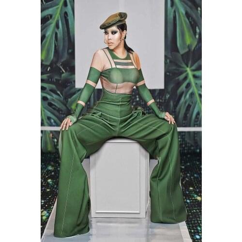 Women Team Dance Stage Wear Jumpsuit Outfit Sexy Green Military Uniform Long Sleeves Bodysuit Nightclub Bar Outfit
