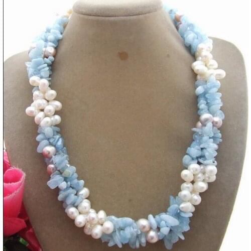 Beautiful 3row 19" 8MM Pearl Natural blue Necklace