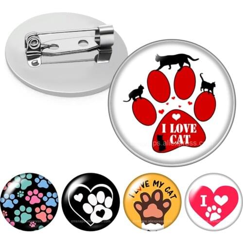 Love Pet cartoon cat dog Footprints Love animals Family Glass cabochon Brooch Dome Photo Jewelry Brooches Pin Men Woman Gift