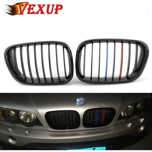 1Pair Front Grill Grilles Kidney Grill Replacement for BMW X5 E53 1999-2003 Single Slat Sport Style Gloss Black M Version Abs