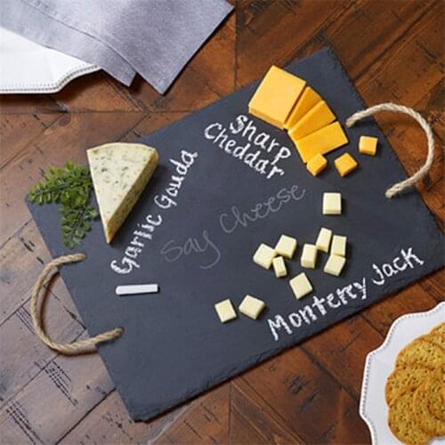 Sling slabs handle Western Natural Slate Dishes Solid Square Stone Sushi Steak BBQ Plate Cheese Pizza Flat Fruit Plate Food Tray