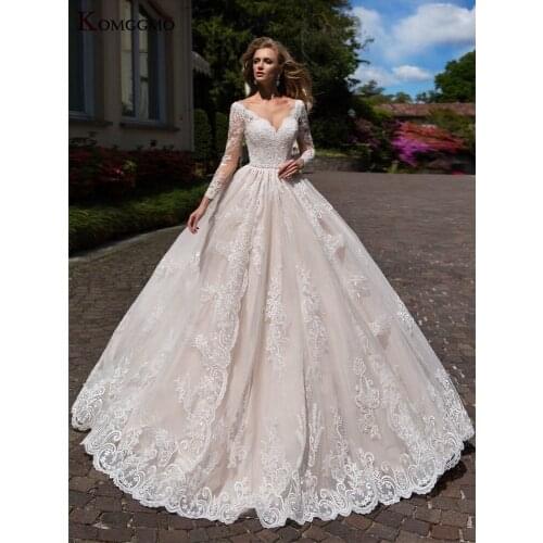 High-End Full Sleeve Embroidery Appliques Tulle V-Neck Bridal Ball Gown 2021 Hot Sale Button Back Chapel Train Wedding Dress