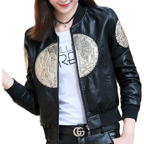 Short Jacket Women 2021 Embroidery Pu Leather Outerwear Baseball Uniform Washed Leather Beading Fashion Short Jackets
