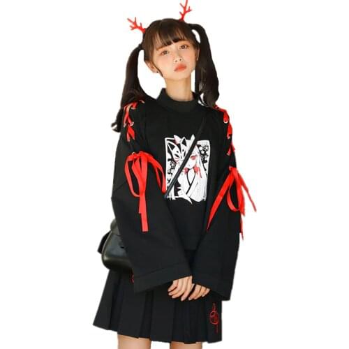 Spring Japanese Cartoon Fox Girl Print Hoodie Harajuku Women Gothic Ribbon Lace Up Flare Sleeve Kawaii Thin Pullover Sweatshirt