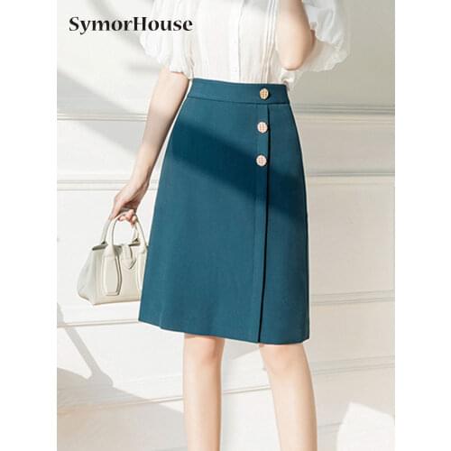 Women Black Skirts Preppy Style A-line High waist Split Skirts Women Solid Elegant Casual OL Skirts For Women 2021 Summer Autumn