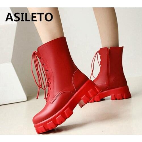 ASILETO Women Fashion Mid-Calf Boots Shoes Round Toe Thick Bottom Platform Buckle Winter Warm Lace Up Ladies Red 43 S2455