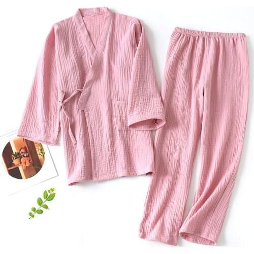 New Japanese Pajamas Set Women Full Cotton Kimono Tops&Pants Suit Couples Sleepwear Set Women Men Casual Homewear