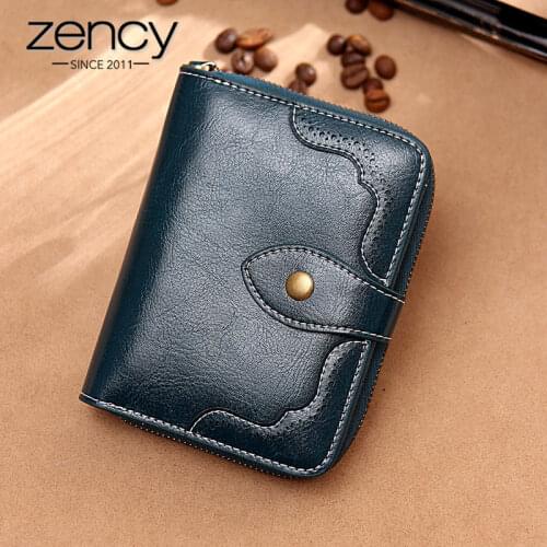 Zency Hollow Out Women Short Wallet 100% Genuine Leather Zipper Hasp Fashion Brown Clutch Purse Classic Black Photo Card Holder