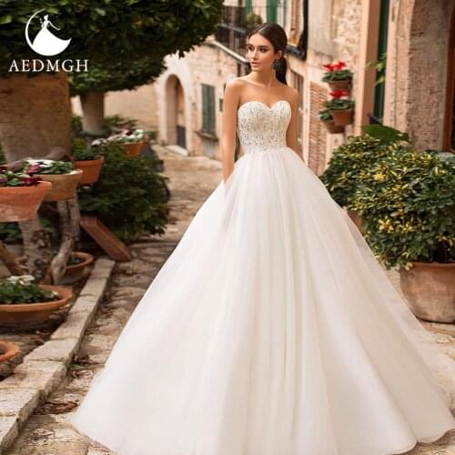 Aedmgh A-Line Wedding Dresses 2021 Sweetheart Pearls Sequined Strapless Vestido De Novia Lace Up Simple Beach Robe De Mariee