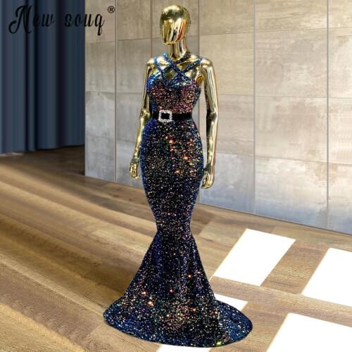 2021 Fashion Long Sleeve Panelled Bling Dinner Party Dresses Vestidos Simple Sexy Neck Mermaid Evening Gowns