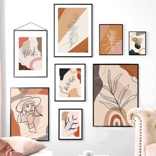 Abstract Vintage Girl Geometric Line Leaf Wall Art Canvas Painting Nordic Posters And Prints Wall Pictures For Living Room Decor