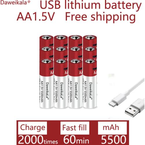 2021New AA USB rechargeable Li ion battery 1.5V AA 5500mah / Li ion battery watch for toys MP3 player thermometer keyboard