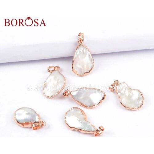 BOROSA 10PCS New Arrival Rose Gold Color Freeform Natural White Pearl Pendant, Fashion Freshwater Pearl Beads Jewelry R1673