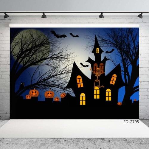 Haunted House Pumpkins Full Moon Skeleton Bat Halloween Photo Backdrop Vinyl Backgrounds for Children Baby Shower Photo Studio