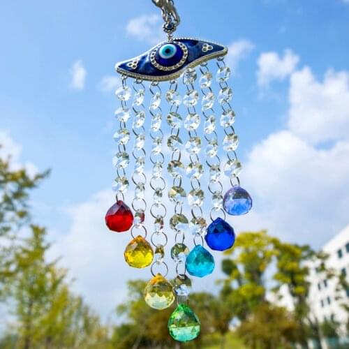 H&D Blue Evil Eye Talisman with Chakra Crystal Ball Good Luck Charm Rainbow Maker Home,Office,Car Decoration,Blessing Ornament