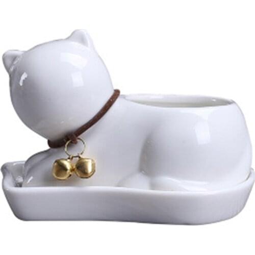 Kitten Shaped Ceramic Flowerpot Mini Cat Porcelain Flower Plant Pot with Tray for Desktop Home Garden Decoration
