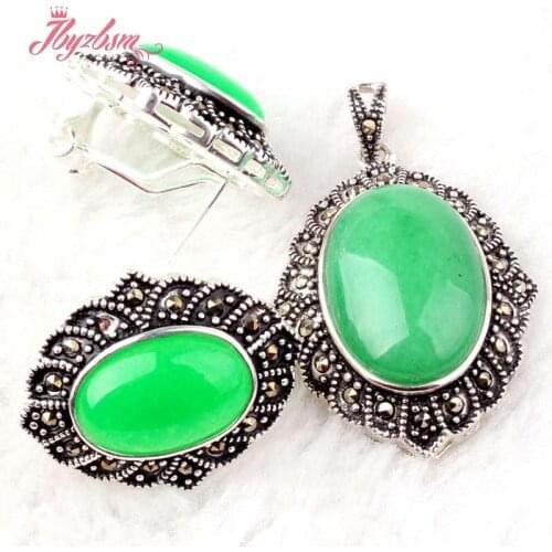 Pretty Oval Green Jades Stone Beads Marcasite Tibetan Silver Fashion Necklace Pendant Earrring 22x26mm/25x35mm,Free Shipping