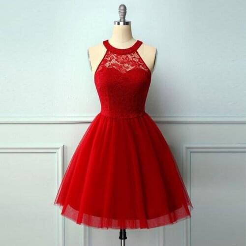 Red Halter Neck Short Homecoming 2021 A Line Sleeveless Mini Knee Length Prom Party Gown Tulle Lace Vintage Illusion with Ruched