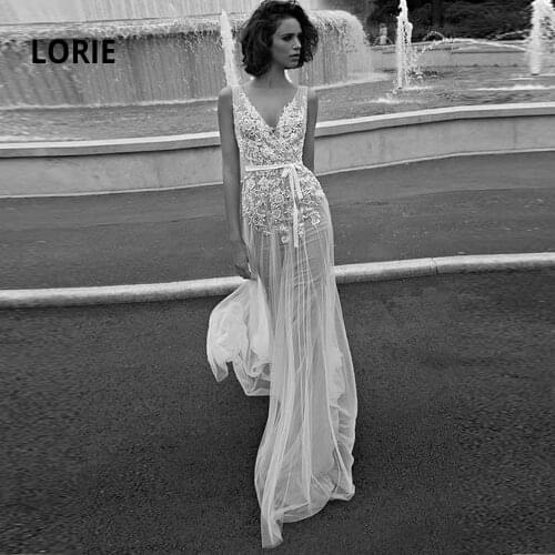 LORIE Vintage Lace Appliqued Bridal Gown 2020 Sexy V-neck Open Back Simple Soft Tulle Beach Bohemia Wedding Dresses