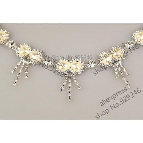 High quality crystal rhinestone metal chain with pearl bridal crystal sewing on butterfly strass applique with tassel accessory