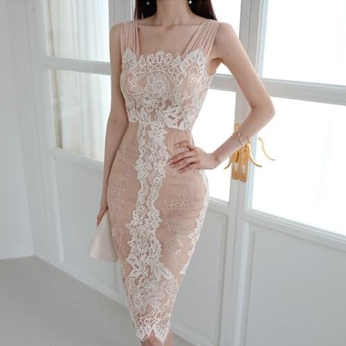 Fashion Summer Korean Vintage Sexy Tank Sleeveless Midi Party Dress Ladies Casual Elegant Sexy Slash Neck Package Hip Lace Dress