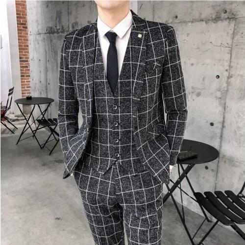 Fashion Black Plaid Stripe Men Slim Fit Business Suits Men Custom Made 3 Pieces Formal Wedding Tuxedos Suits Trajes De Novio