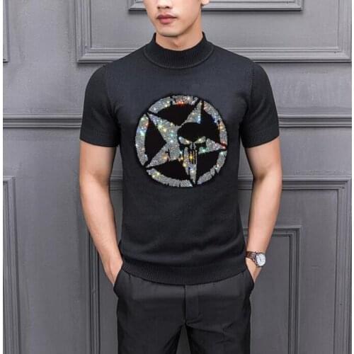 Fashion Brand Men Solid Rhinestones New Men Comfortable Base sweater Casual Short Sleeve Male