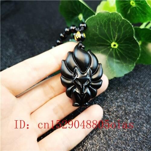 Natural Black Obsidian Nine-tailed fox Pendant Beads Necklace Fashion Charm Jewellery Hand-Carved Lucky Amulet Gifts for Women