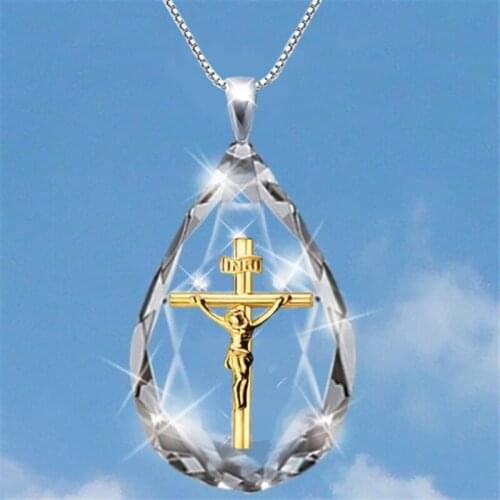 Drop Shape Pendant Necklace Crystal Jesus Cross Necklace Dolphin Life Tree Drop Rhinestone Pendant Chain Necklace Female Gift