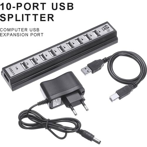 Portable Durable 10 Ports USB 2.0 Hub Adapter 480Mbps High Speed External Multiport Adapters Splitter For Laptop/PC