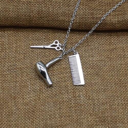 Retro fashion stylist jewelry hair dryer comb scissors pendant necklace charm gift jewelry