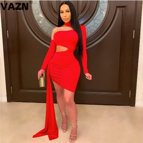 VAZN New 2021 Solid Party Cocktail Short Mini Dress Clear Fresh Sexy Regular Dress Women Elegant Fashion Dress Slim Dress