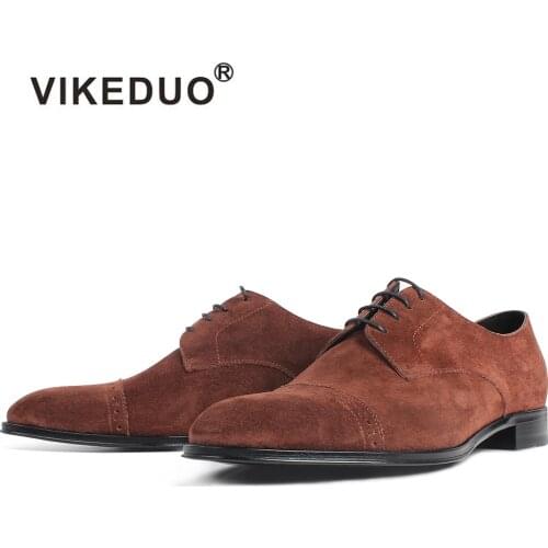VIKEDUO New Suede Mens Dress Shoes Brown Leather Shoes Casual Wedding Office Footwear Handmade Derby Shoes Zapatos de Hombre