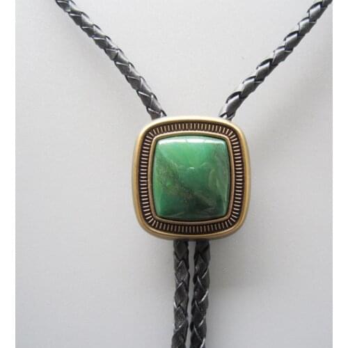 Original Antique Gold Plated Handcraft Nature ZA Greenstone Bolo Tie Neck Tie Necklace