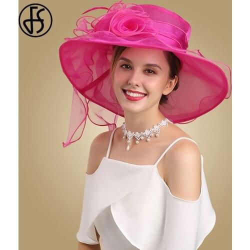 FS Women Summer Sun Hats Organza Flower Foldable Beach Hat Fashion Kentucky Derby Church Caps Fascinator Wide Brim Fedora