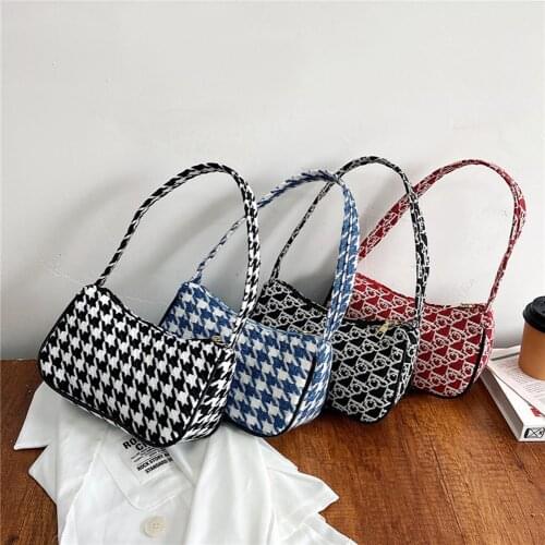 Handbag for Women PU Leather Plush Houndstooth Printing Shopper Shoulder Underarm Bag Casual Ladies Daily Small Female Purses