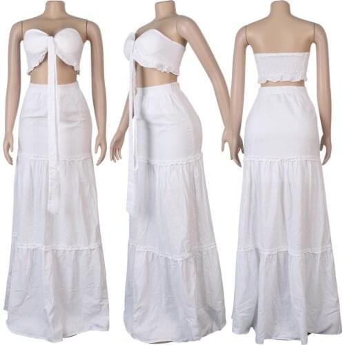 Women Sexy Strapless Skirt Set Two Picese SetLace Up Bra Crop Top + Long Party Skirt Ruffles Linen Cotton Suit Daily Plus Size
