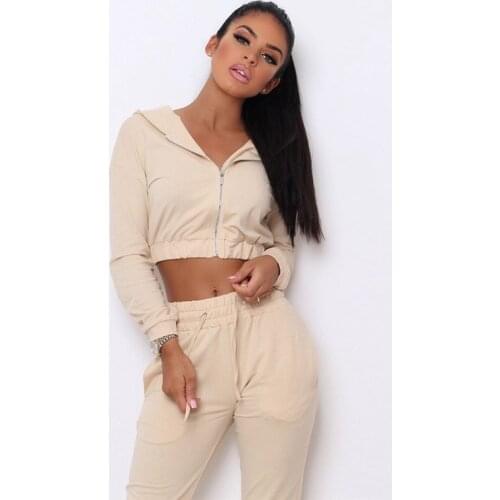 New Autumn Womens Running Sets Sportswear Solid Color Long Sleeve Hooded Coats Crop Tops+Joggers Sweatpants Female Sport Suits