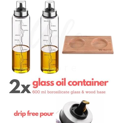 2 pcs 600 Ml Borosilicate Dripless Glass Oiler Vinegar Sauce and Wood Underlay